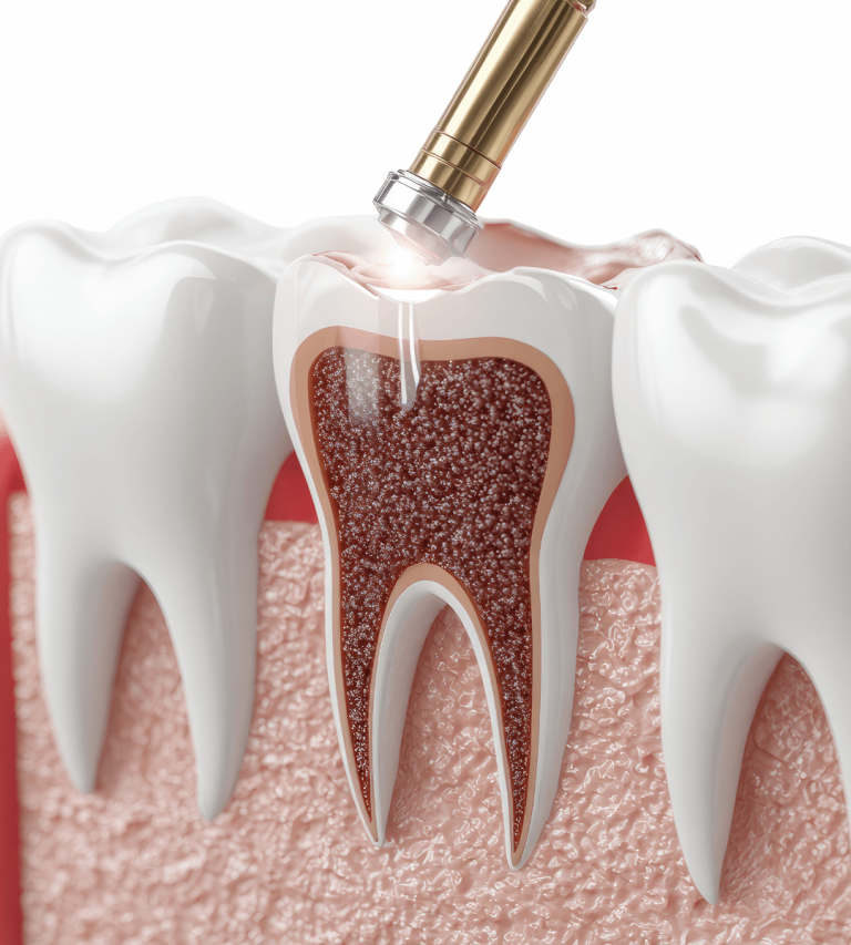 Ilustración médica que muestra paso a paso cómo el dentista elimina la pulpa infectada del interior del diente, limpia los conductos y los sella durante una endodoncia.