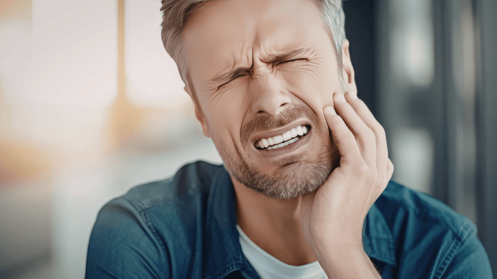 Un hombre con barba y camisa vaquera se aprieta la mandíbula con expresión de dolor intenso y agudo en las muelas, con los ojos cerrados.